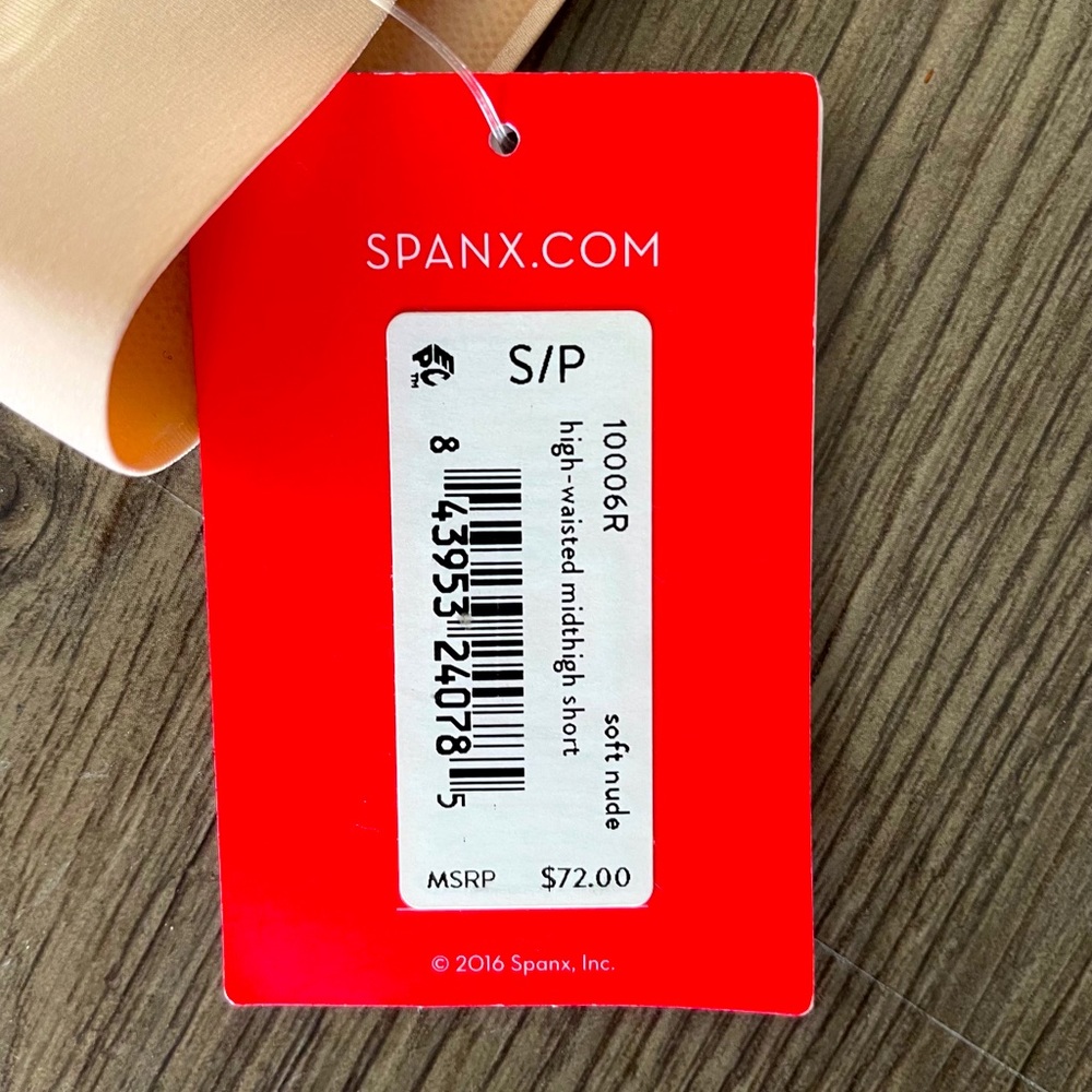 NWT Spanx, size S, high waisted mid thigh, soft nude.